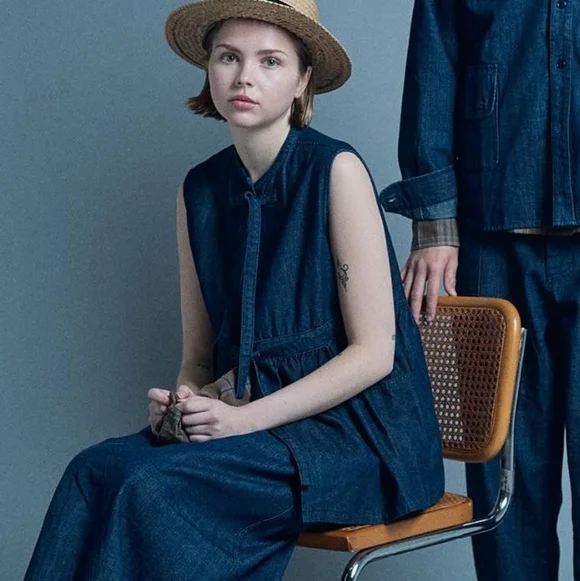 WORKWARE Indigo Slub tie-front Denim Gilet Vest - M/L - Picture 2 of 6